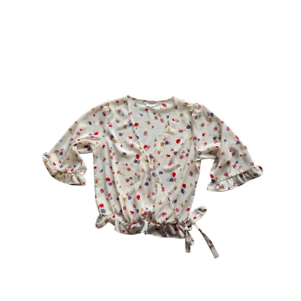Sienna Sky Floral Wrap Top | Ruffle Bell Sleeve V-Neck Blouse - Size S